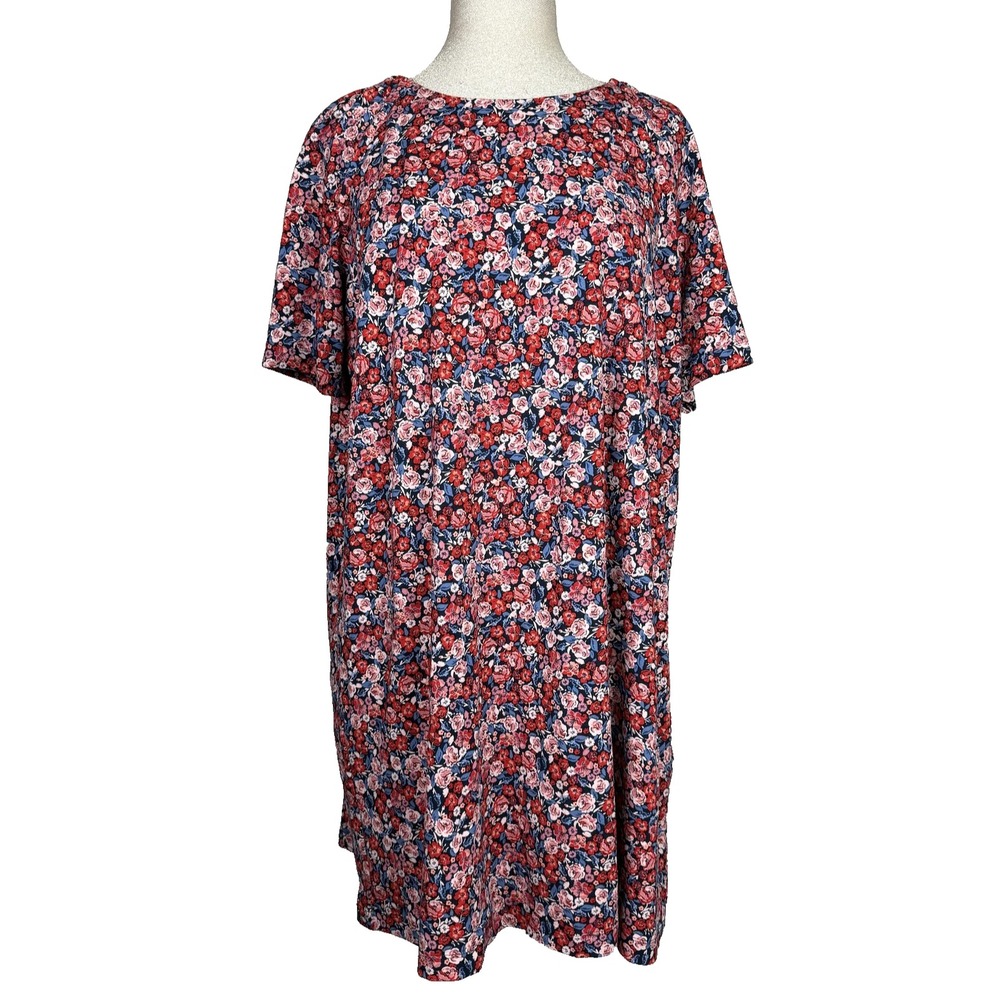 NEW J Jill Wearever Dress Womens Petite L Red Floral Shift Bow Jersey Knit